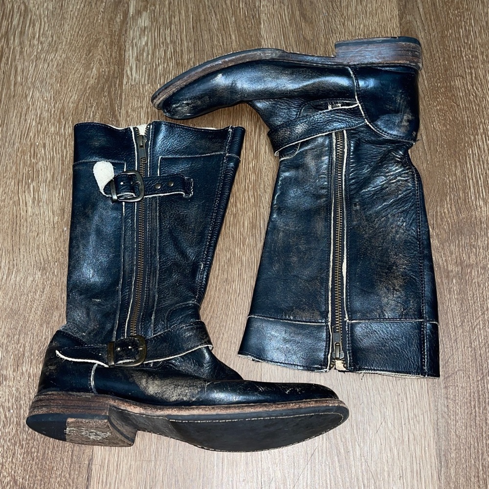 Bed Stu Gogo Lug boot women 7 engineer leather moto buckle dual zippers Black - Picture 4 of 8